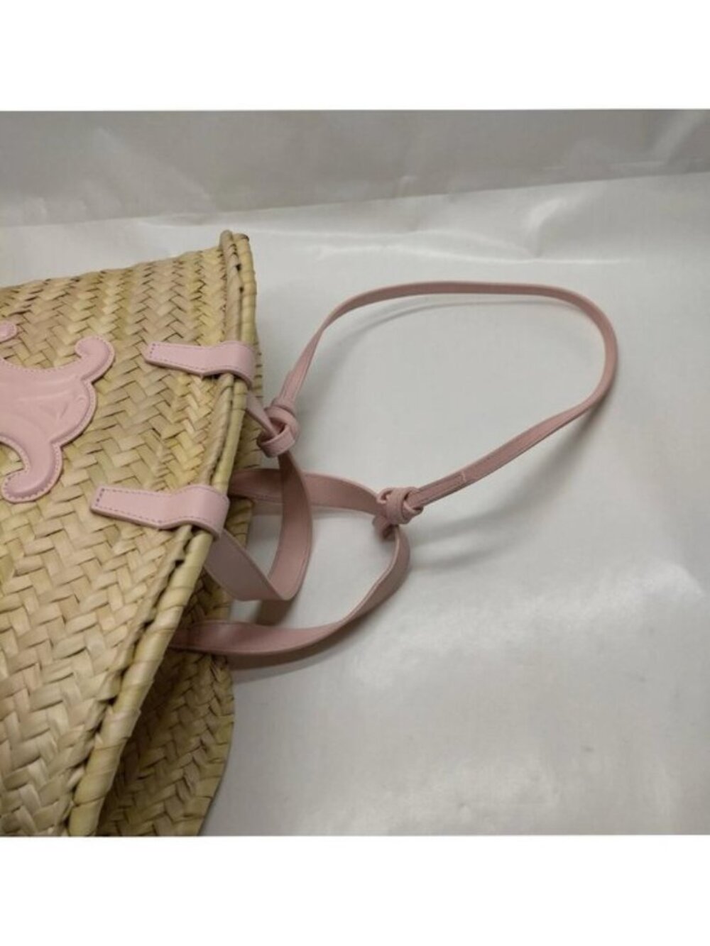 Authentic Celine Triomphe Straw Basket Bag Pink Leather Trim Summer Tote Woven - Picture 8 of 16